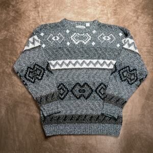 Vintage 80s Method Geometric Print Knit Sweater Blue Gray Diamond Men's XL Retro